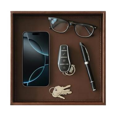 Imagem de HofferRuffer Bandeja de couro sintético, organizador de armazenamento de mesa elegante, organizador decorativo para perfume, manobrista de banheiro, mesa de cabeceira ou cômoda, 25 x 25 x 4,6 cm