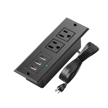 Imagem de Régua de alimentação embutida oculta USB para mesa doméstica, tira de tomada de parede com porta USB-C USB-A, 12A 125V 1500W, cabo de alimentação de extensão de 1,5 m (preto-2 x CA + 3 x USB-A)