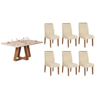 Imagem de Conjunto: Mesa de Cozinha Celeste c/ Tampo Madeirado c/ Vidro Curvo 160x90cm e 6 Cadeiras Ondina Freijo/Off White - Linho Neve - DJ Móveis