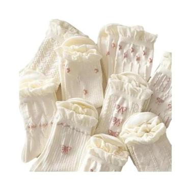 Imagem de Meias Femininas De Algodão Branco Até a Panturrilha Com Laço E Flor Pe