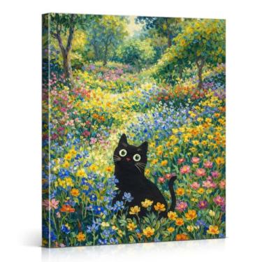 Imagem de Impressão de arte de parede de gato floral fofo desenho animado flores silvestres pintura em tela decoração de parede para casa sala de estar quarto 20 x 25 emoldurado