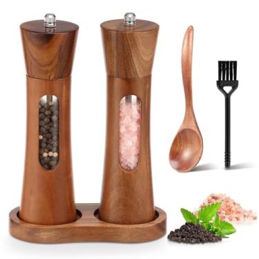 Imagem de Conjunto de 2 unidades de moedor de sal e pimenta de madeira, moedor manual de sal e pimenta de 20 cm com escova e colher, moedor recarregável de grossura com janela transparente, mecanismo de moagem