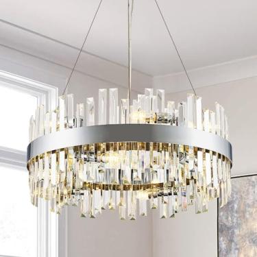 Imagem de PAFRUMGE Lustres modernos de cristal redondo – design de 2 camadas de 2 camadas de 59,9 cm, cristal cromado K9, luminária pendente de luxo para ilhas de cozinha, sala de jantar, entrada