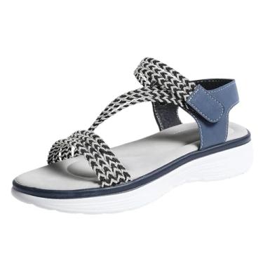 Imagem de Sandália rasteira feminina respirável com bico redondo e faixa elástica para primavera verão casual, Azul royal, 39