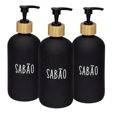 Imagem de Kit 3 Dispenser Porta Sabonete Liquido De Vidro Bambu 500ml - Haüskraf