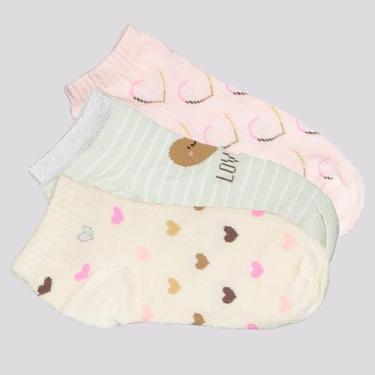 Imagem de Kit Meia Selene 3 Pares Sapatilha Infantil Rosa Verde e Marfim, 25-28