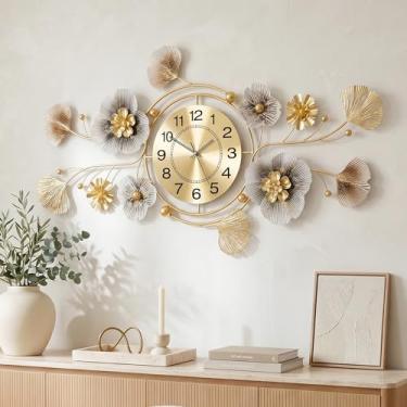 Imagem de JXQXYN Relógio de parede, relógios para sala de estar, relógio de parede silencioso decorativo, design de folha de ginkgo de metal retrô 3D, para escritório, quarto, relógio de cozinha (83 x 45 cm)