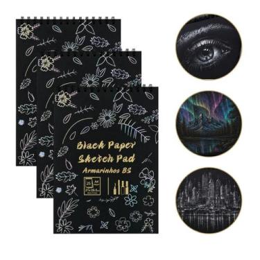 Imagem de Kit 3 Sketchbook Pad Caderno Desenho Artístico Ilustração Papel Preto 