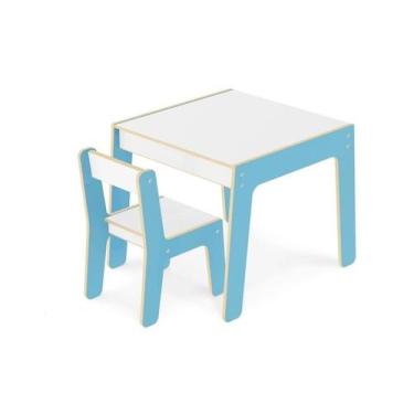 Imagem de Conjunto De Mesa E Cadeira De Madeira Infantil Azul Junges