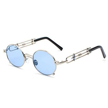Imagem de Óculos de Sol Steampunk Masculino Retro Óculos de Sol Metal Gold Frame Preto Oval Óculos Gafas de Sol UV400,azul prata,A