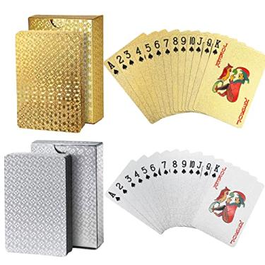 Imagem de Joyoldelf 2 Decks of Playing Cards, 24K Foil Waterproof Playing Cards & Flexible Poker Cards with Box - Classic Magic Tricks Tool for Party, Game and Cardistry, 1 Gold + 1 Silver