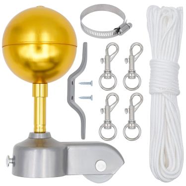 Imagem de NAOEDEAH Kit de mastro de bandeira 1,5 m Halyard Rope Kit de substituição Peças de hardware de mastro de bandeira Kits de reparo Acessórios 3" Diâmetro Topper de mastro de bandeira + gancho de grampo + 4 clipes de bandeira + caminhão de polia de mastro para tubo de 2 polegadas