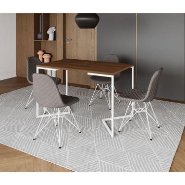 Imagem de Mesa Jantar Industrial Retangular Base V 120x75cm Amêndoa com 4 Cadeiras Estofada Grafite Aço Branco