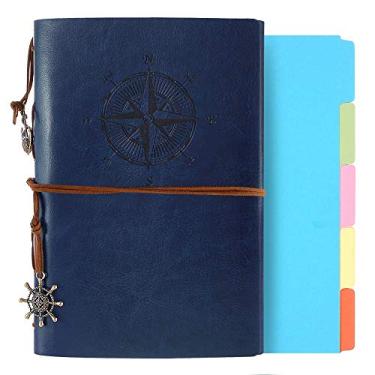 Imagem de Diário de couro, caderno recarregável A5 espiral vintage caderno diário de viagem para escrever para mulheres meninas com páginas forradas, Deep Blue, 6.5"x9"