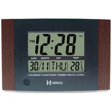 Imagem de Relógio De Parede Ou Mesa Digital Lcd Calendário Termômetro Madeira Escura Herweg 6438 único