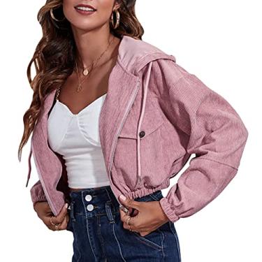 Imagem de Jaqueta Recortada Feminina, Design Com Cordão e Zíper, Jaqueta Feminina de Veludo Com Capuz, Ombro Caído, Manga Comprida, Outono para Mulheres, para Escritório (XL)