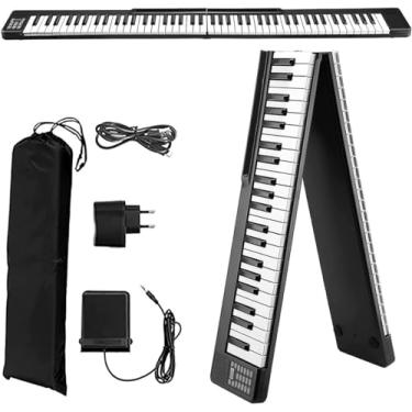Imagem de Piano dobrável, 88 teclas, piano elétrico recarregável com Bluetooth MIDI, portátil, tamanho completo, sensível ao toque, alto-falantes duplos integrados para iniciantes, preto