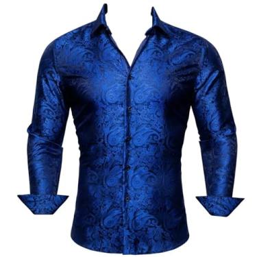 Imagem de Camisetas masculinas de designer azul liso cetim bordado Paisley flor manga longa slim fit blusas masculinas blusas casuais, 0415, G