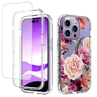 Imagem de Vavies Capa para iPhone 14 Pro 2022 com protetor de tela de vidro temperado, capa de telefone transparente flexível com design floral para Apple iPhone 14 Pro de 6,1 polegadas (flor roxa)