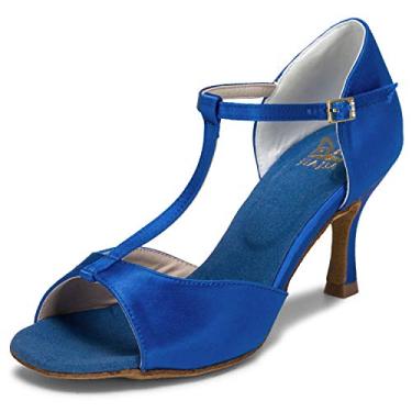 Imagem de JIAJIA 20511 Sandália Feminina de Cetim Salto Flare 7,5cm Sapato para Dança Latina Salsa Profissional Cor Azul,Tamanho BR 38/EU 40