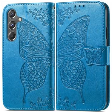 Imagem de MEUPZZK Capa carteira para Samsung Galaxy A15 5G, couro PU premium borboleta em relevo [suporte] [compartimentos para cartões] [alça de pulso] [6,5 polegadas] capa de telefone para Samsung A15 5G
