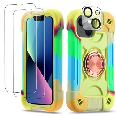Imagem de Cookiver Capa para iPhone 13 Mini/iPhone 12 Mini de 5,4 polegadas com suporte de anel, com 2 películas de vidro + 1 pacote de protetor de lente de câmera, capa resistente de grau militar (verde arco-íris)