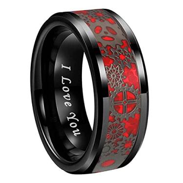 Imagem de TUTISS Anéis de tungstênio prata e preto de fibra de carbono Steampunk azul vermelho verde 8 mm para homens e mulheres alianças de casamento bordas chanfradas I Love You Gravado Ajuste confortável, Metal não precioso, Sem pedra preciosa