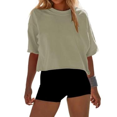 Imagem de MISSACTIVER Blusa feminina cropped de manga curta grande com ombro caído, camiseta atlética básica de verão, Verde claro, M