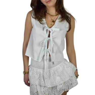 Imagem de Lairauiy Camiseta regata feminina casual verão cor sólida/estampa listrada colete básico sem mangas para streetwear, Branco, P