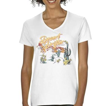 Imagem de Camiseta feminina Desert Drifter com decote em V Vintage Boho Desert Vibe Retro Southwest Bohemian Cactus Art American Travel Tee, Branco, GG