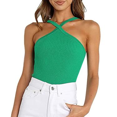 Imagem de Nagub Camiseta regata feminina sem mangas com nervuras ombro de fora gola justa justa camiseta verão moderna, Verde, M