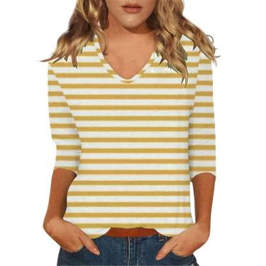 Imagem de Túnica para leggings femininas manga 3/4 gola V camisas soltas lindas camisetas básicas estampadas, Amarelo, XXG