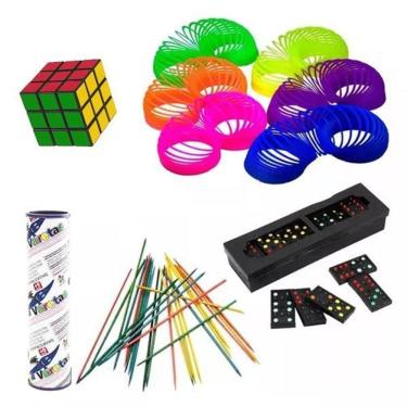 Imagem de Kit 100 brinquedo mola maluca pega vareta domino cubo mágico