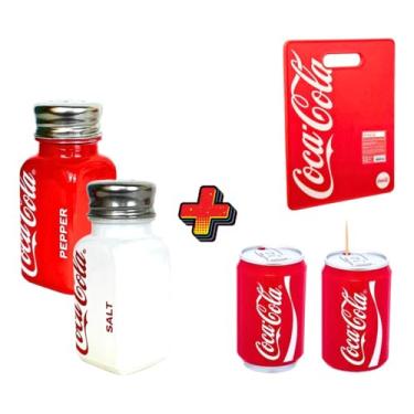 Imagem de Kit Coca-Cola com Tábua de Churrasco, Saleiro, Pimenteiro e Paliteiro, 4 Peças - Hauskraft