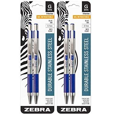 Imagem de Caneta retrátil Zebra G-301 gel de aço inoxidável, 0,7 mm, azul, pacote com 4