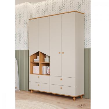 Imagem de Guarda Roupa Infantil 4 Portas 4 Gavetas Casinha  Dengo Permóbili - Off White/Nature