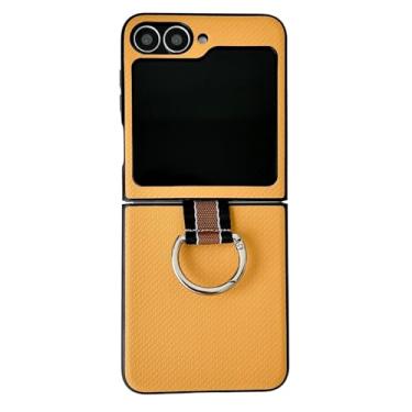 Imagem de Com anel compatível com Samsung Galaxy Z Flip 6 5G capa de luxo ultrafina de plástico rígido couro PU capa de telefone à prova de choque moda para Galaxy Z Flip 6 5G amarelo (amarelo, ZFlip6 2024)