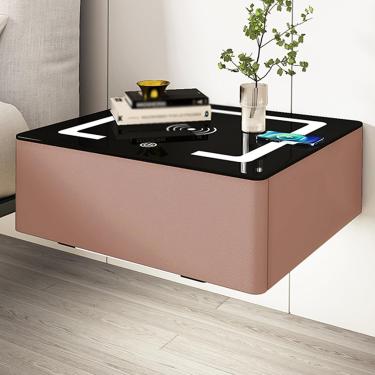 Imagem de Mesa de cabeceira flutuante com estação de carregamento e luzes LED, mesa de cabeceira montada na parede com sensor automático de luz, tampo de vidro temperado e couro de microfibra, rosa 2