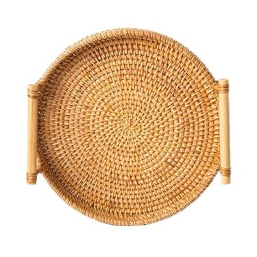 Imagem de Bandeja de Servir de Vime Redonda Tecida à Mão, Cesta de Bandeja de Vime Redonda Com Alças, Armazenamento de Bandeja Durável para Sala de Estar, Quarto, Cozinha, Perfeita