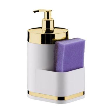 Imagem de Dispenser Porta Detergente 500ml Esponja Cozinha Branco Dourado - 1254