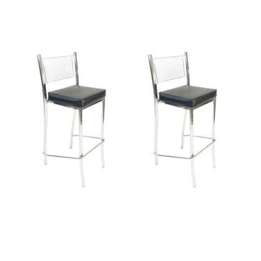 Imagem de Kit 2 Banquetas EMPILHÁVEL cromada Altura 65cm assento preto - Poltron