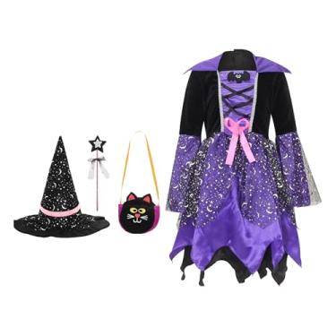 Imagem de Dualoai Fantasia de Bruxa Infantil, Roupa de Bruxa com Chapéu, Fantasia de Halloween, Jantar Familiar Roxo, Amigável à Pele, Vestido 86cm
