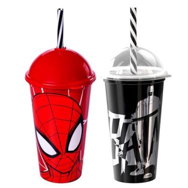 Imagem de Kit Copo Shake do Batman e Homem Aranha Infantil com Canudo e Tampa 50