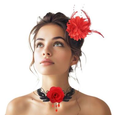 Imagem de Kit Colar Choker Gargantilha Renda Gótica + Flor Cabelo ou Broche: Ste