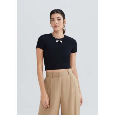 Imagem de Blusa Básica Feminina Cropped Em Ribana Canelada - Hering, XP, Preto
