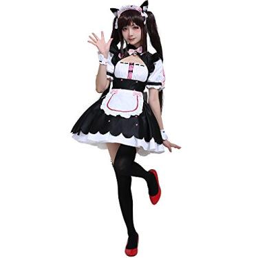 Imagem de Cosplay.fm Fantasia feminina de chocolate cosplay vestido de empregada com avental anágua orelhas de gato cauda, Preto/branco, Large