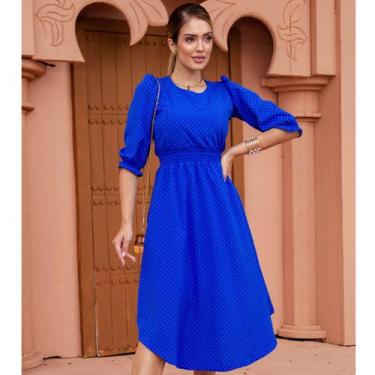 Imagem de Vestido Midi Poá Camila em Crepinho Azul - DM Veste, P