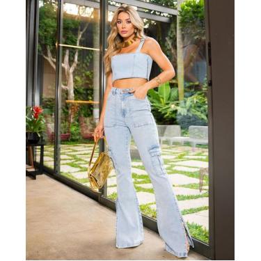 Imagem de Calça Jeans Boot Cut Cargo Feminina Cintura Alta Abertura Lateral Na B