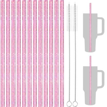 Imagem de NiHome Pacote com 12 canudos de substituição de glitter para Stanley Tumbler 1,134 g e 2 escovas de limpeza, 30,5 cm de comprimento, material PETG durável sem BPA para várias bebidas e copos, adiciona