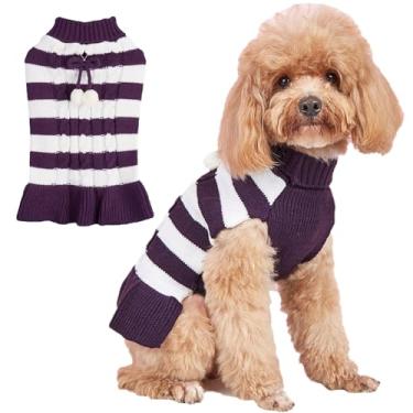 Imagem de Jecikelon Suéter listrado de tricô com gola rolê, roupas quentes de inverno para cães pequenos, gatos, pulôver com bola de pompom (PP, roxo)